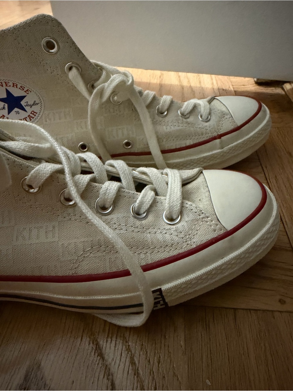 Kith High-Top Canvas converse Sneakers in Off-White with Red Trim - Picture 3 of 5